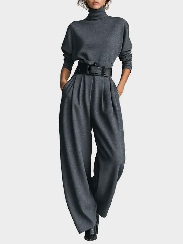 Amara – Schwarzes Damen-Set mit Rollkragenbluse und gerader Hose – Ansicht 7
