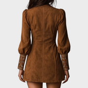Josie – Wildleder-Minikleid mit tiefem V-Ausschnitt und Puffärmeln