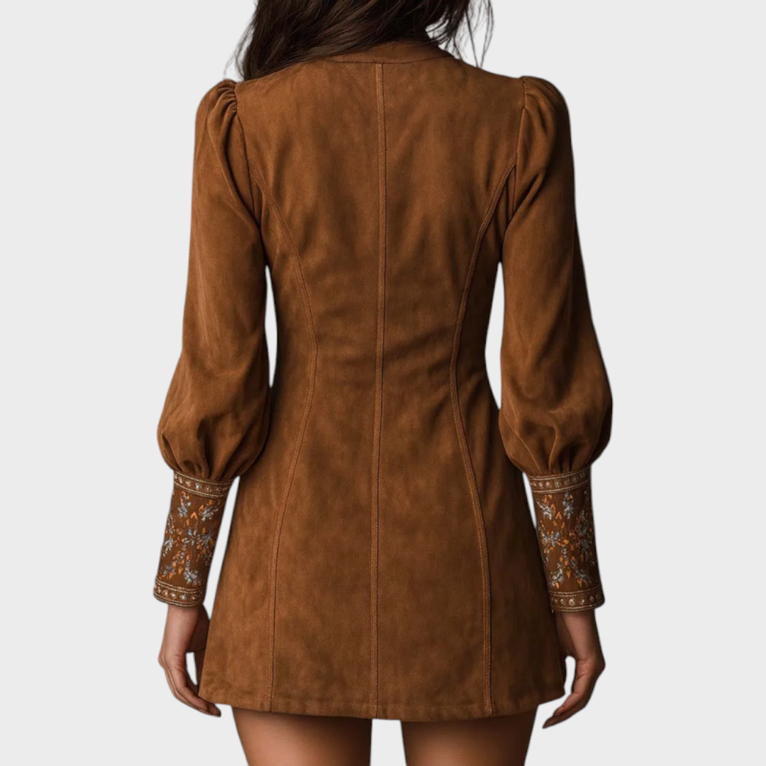 Josie – Wildleder-Minikleid mit tiefem V-Ausschnitt und Puffärmeln
