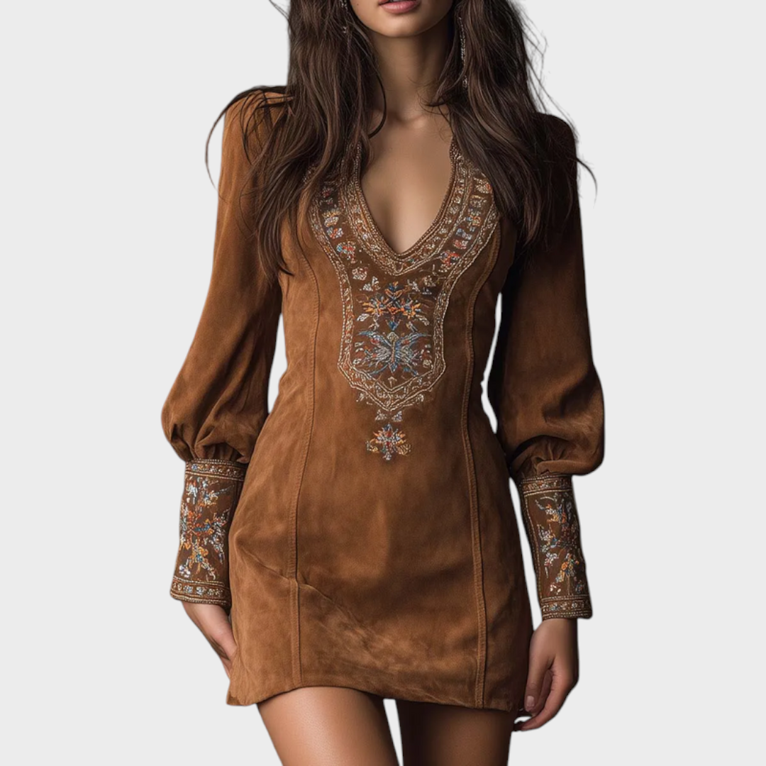 Josie – Wildleder-Minikleid mit tiefem V-Ausschnitt und Puffärmeln