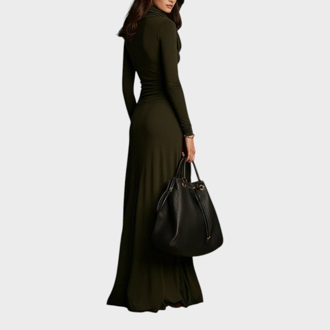 Leah – Olivgrünes Strick-Maxikleid mit Falten – Ansicht 3