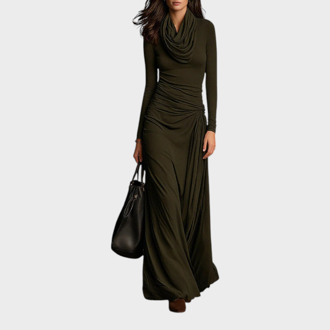 Leah – Olivgrünes Strick-Maxikleid mit Falten – Ansicht 2