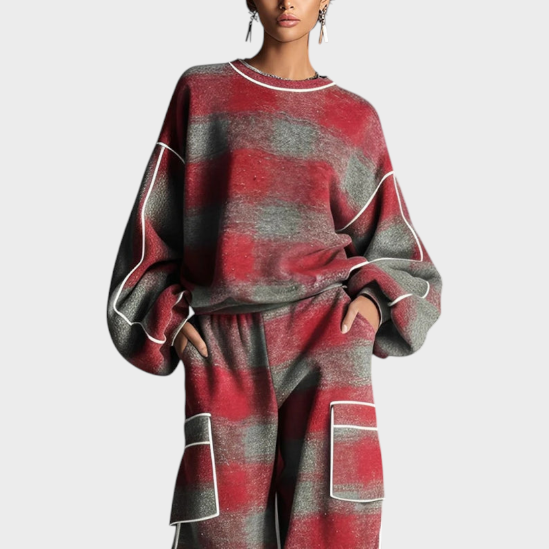 Lloyda – Zweiteiliges Damen-Set mit Kleid und Hose in Rot und Grau – Ansicht 2