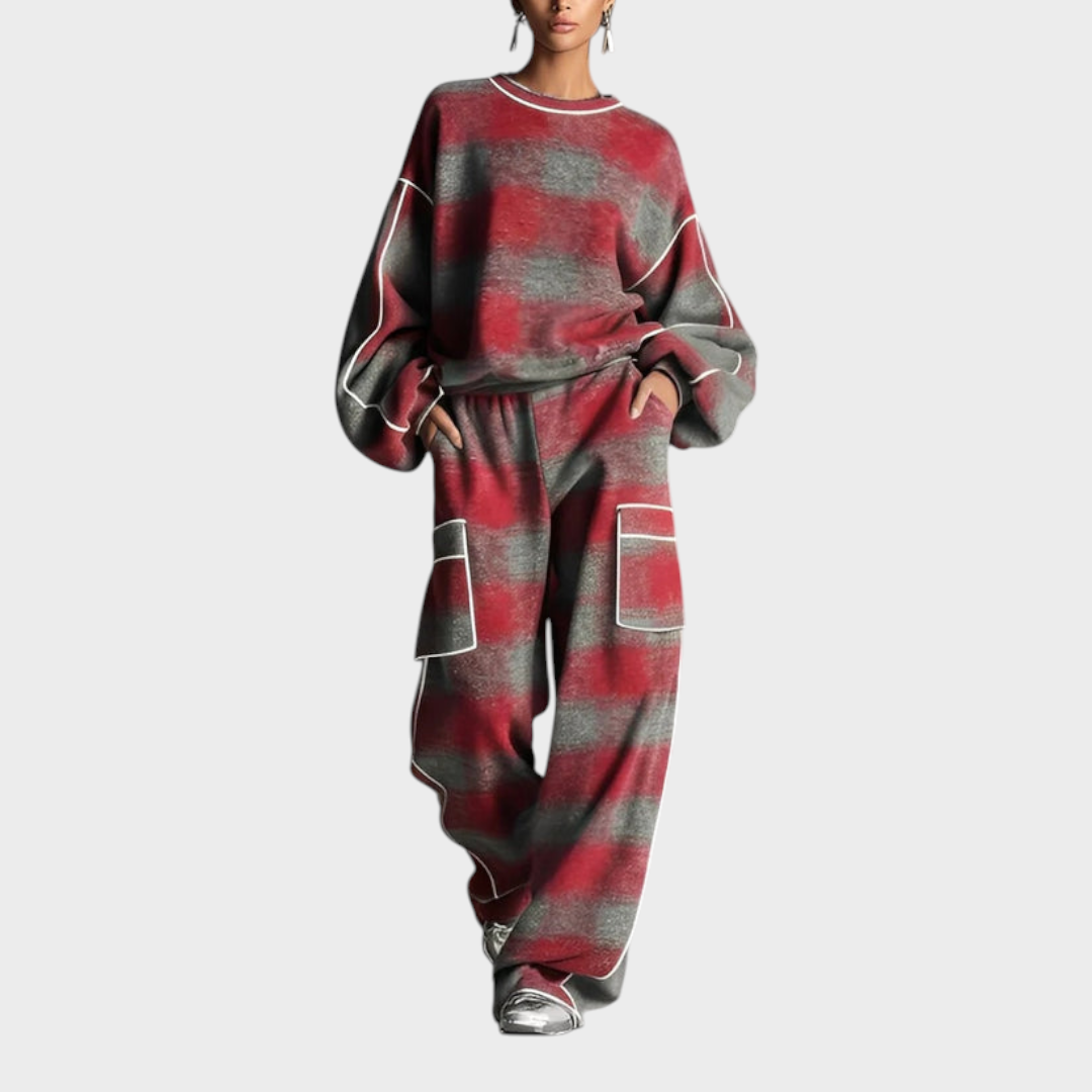 Lloyda – Zweiteiliges Damen-Set mit Kleid und Hose in Rot und Grau