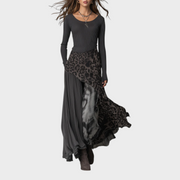 Jazzlyn – Langes Damenkleid mit grauen Nadelstreifen und Leopardenmuster