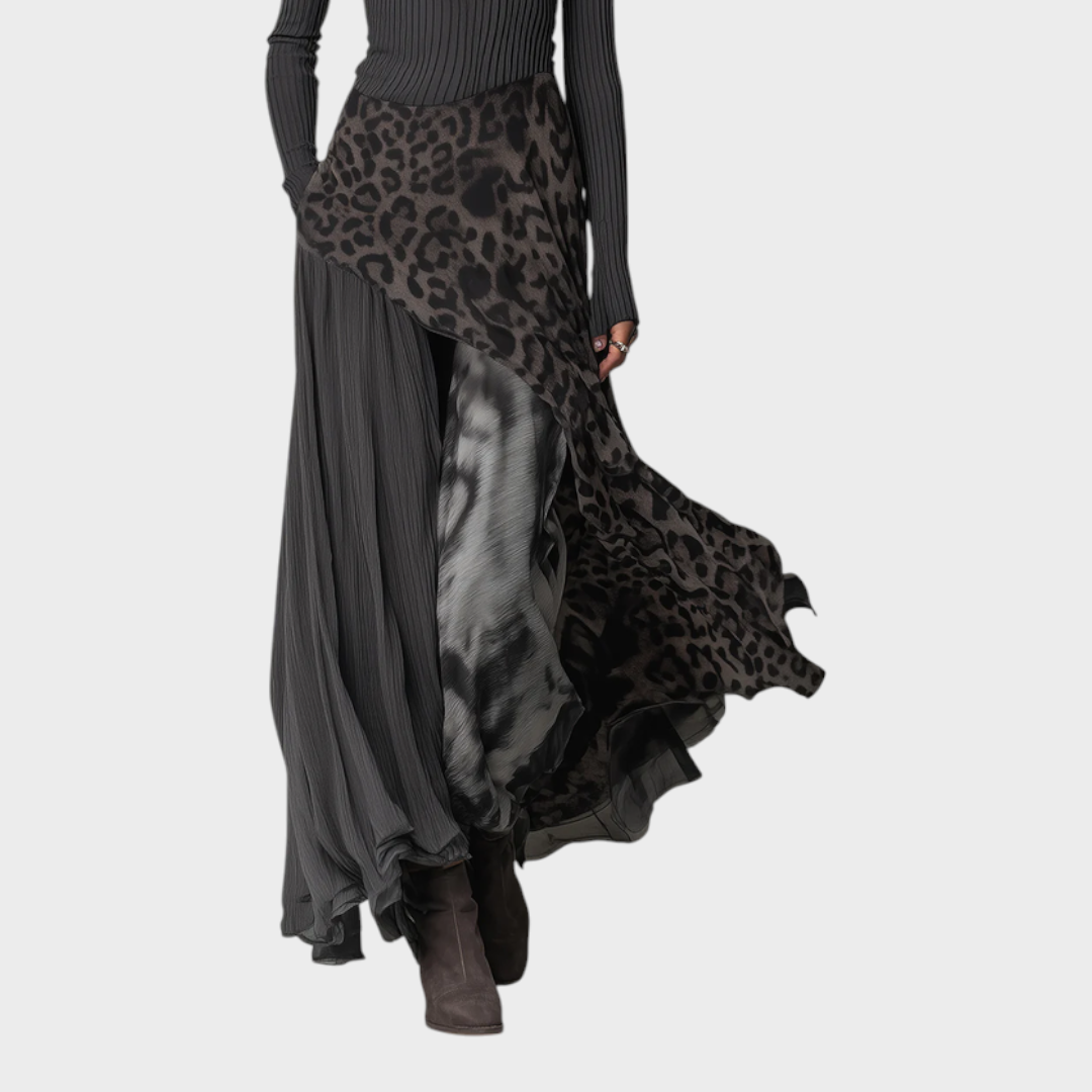 Jazzlyn – Langes Damenkleid mit grauen Nadelstreifen und Leopardenmuster