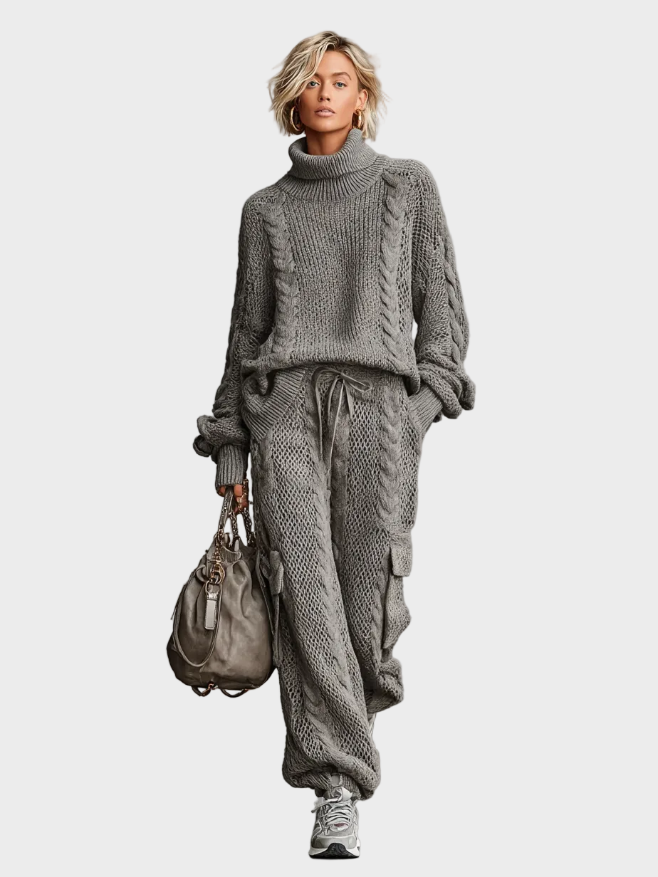 Aveline – Damen-Freizeitset mit Zopfmuster-Rollkragenpullover und Cargo-Hose – Ansicht 4