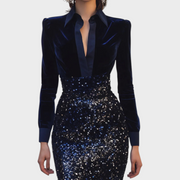 Erza – Damen-Midikleid mit Samtoberteil und Paillettenrock