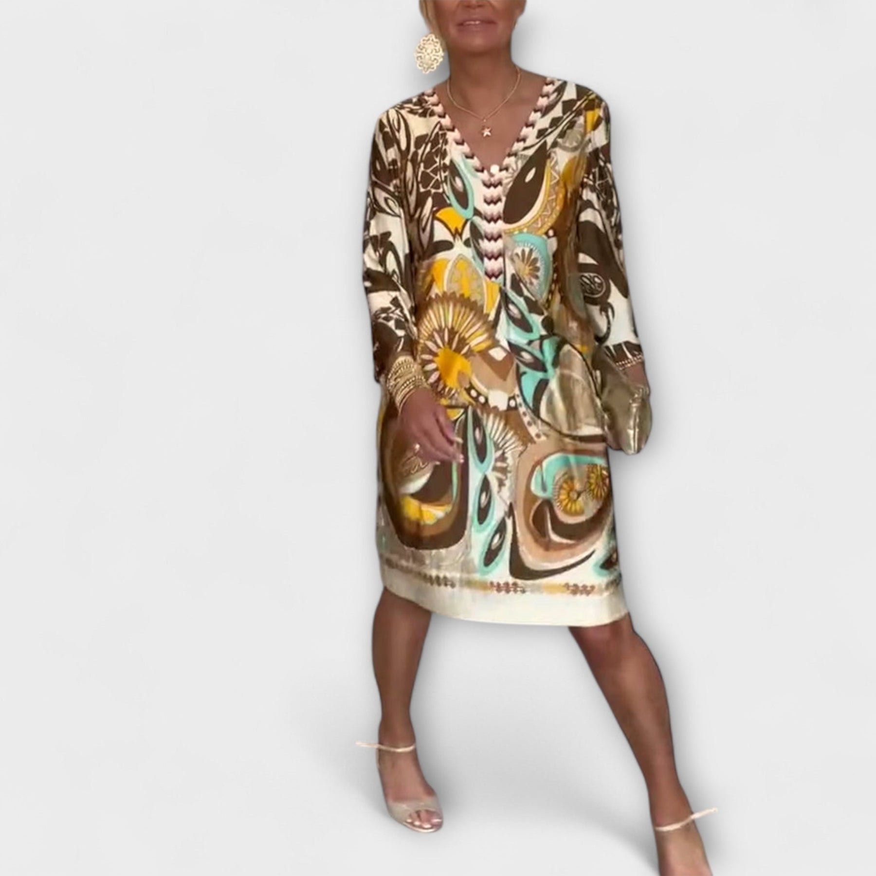 Lockeres Damenkleid mit V-Ausschnitt im Retro-Design – Ansicht 5