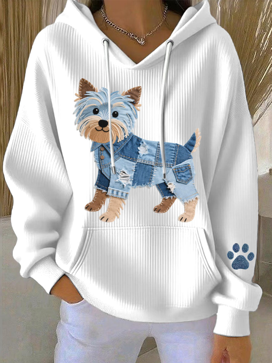 Damen-Hoodie mit Denim-Stickerei und Yorkshire-Terrier-Motiv