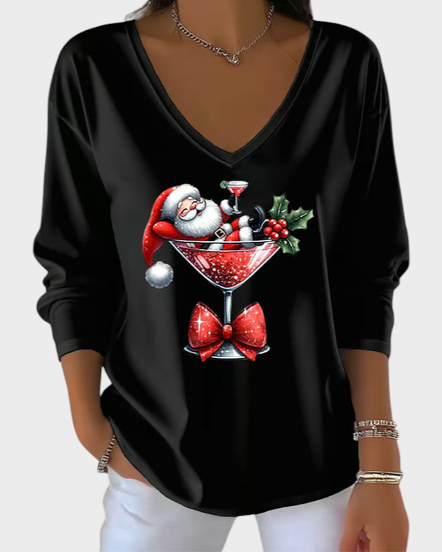 Odette – Lockere Damenbluse mit V-Ausschnitt und Weihnachtsmotiv