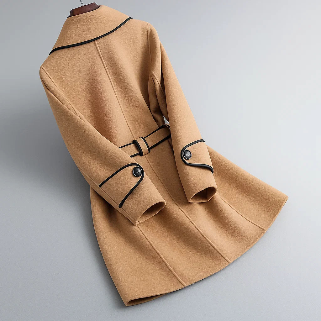 Marlise – Lehmfarbener Woll-Trenchcoat für Damen mit Gürtel – Ansicht 5