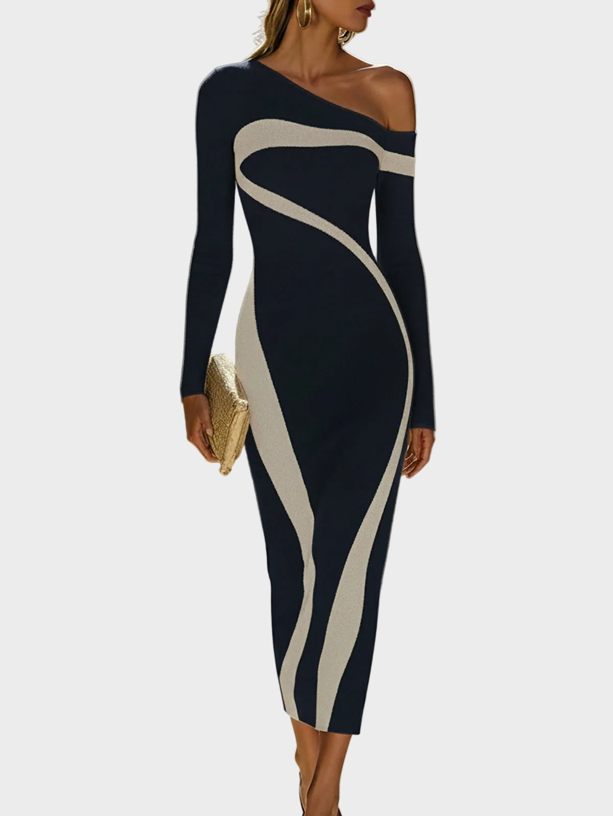 Juni – Figurbetontes One-Shoulder-Kleid in Unifarben mit Kontrasteffekt – Ansicht 7