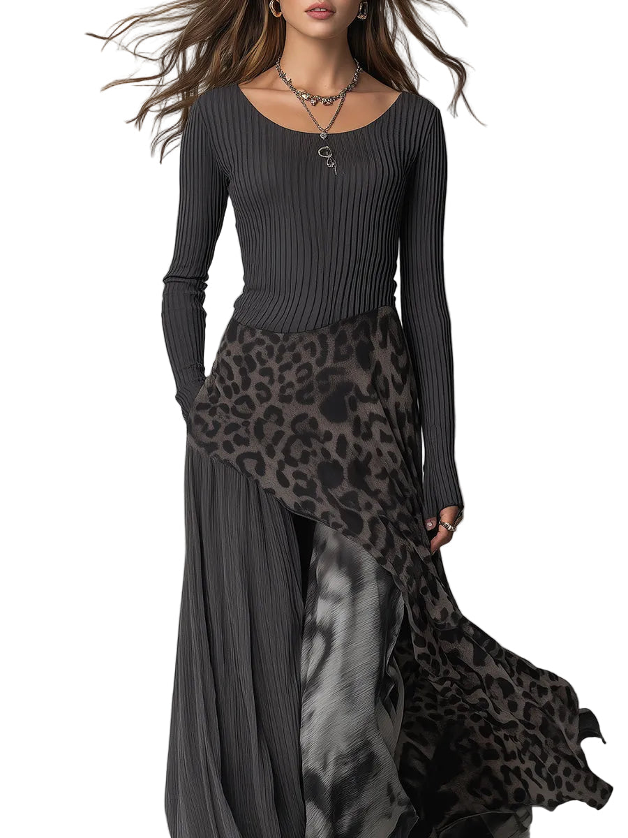 Blair – Maxikleid im Boho-Stil mit Leopardenmuster und asymmetrischem Saum