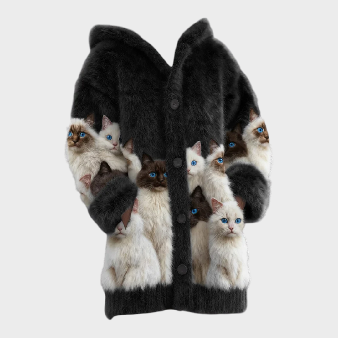 Sanya – Flauschiger Damen-Hoodie mit Katzenmuster – Ansicht 6