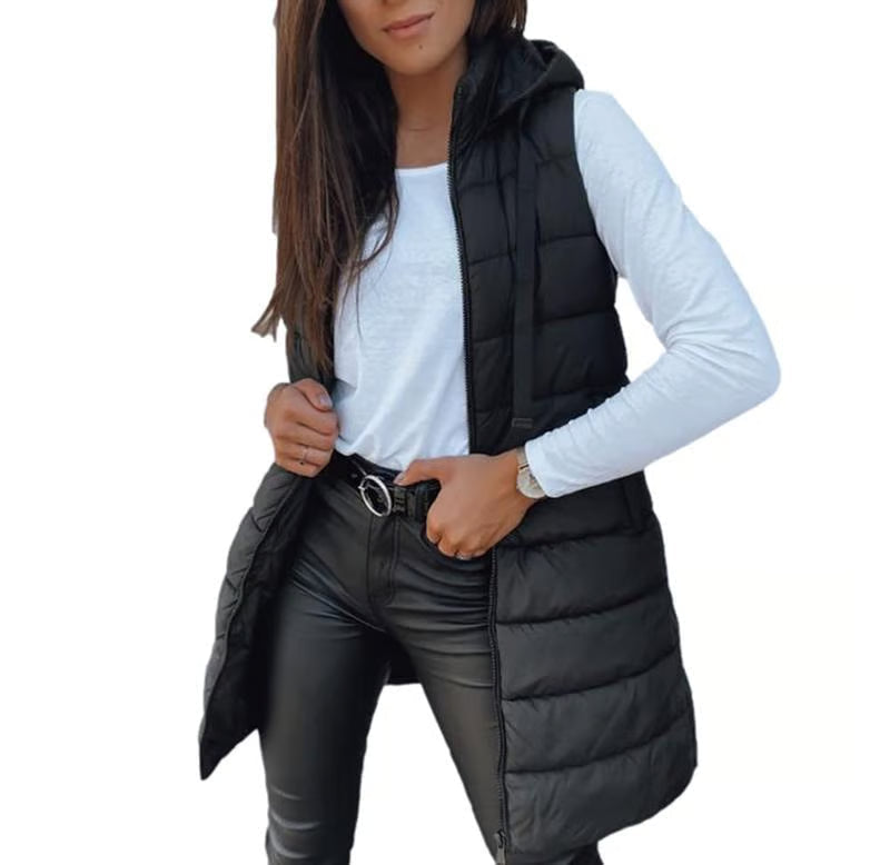 Lange ärmellose Damenjacke mit Kapuze