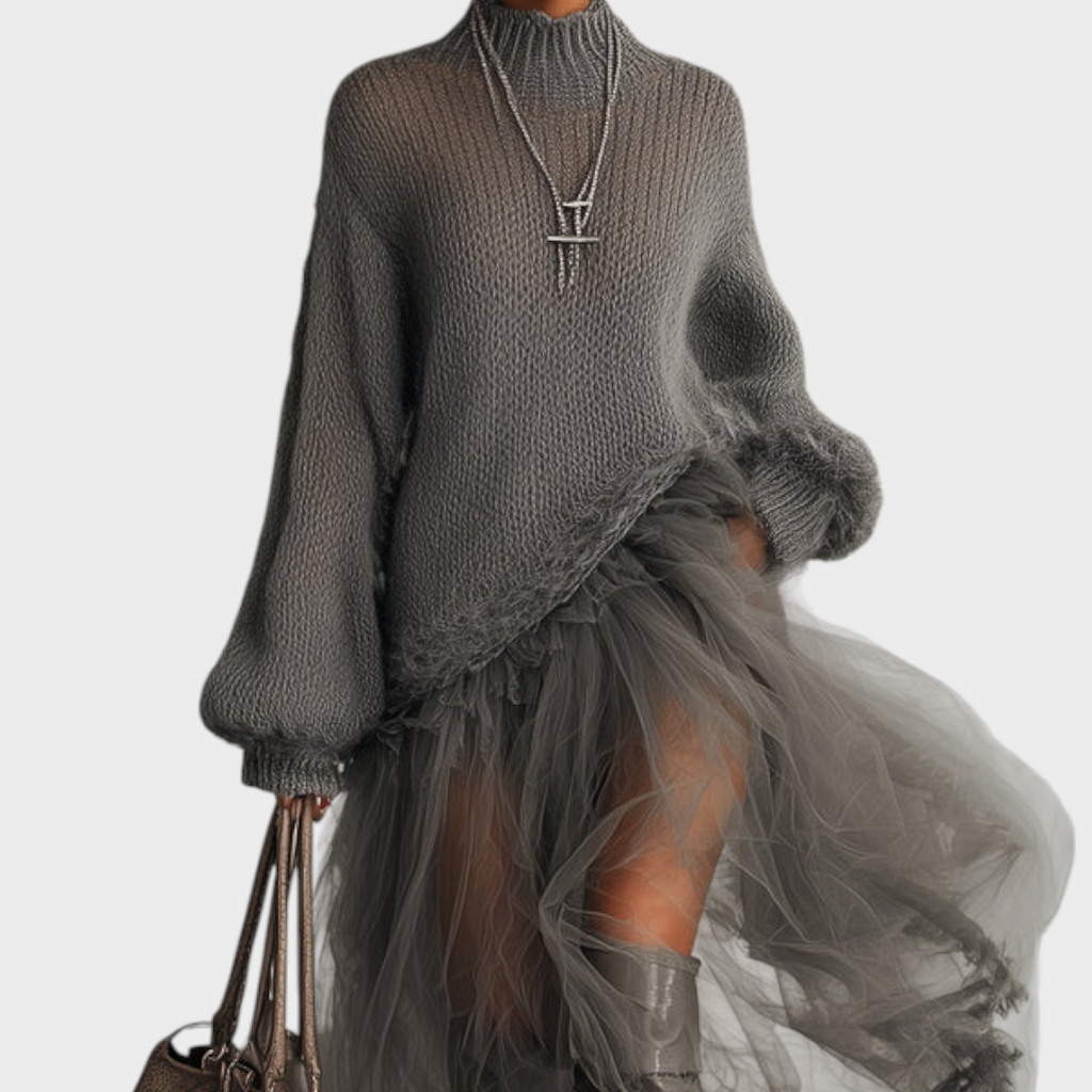 Susette | Graues Maxikleid aus Mohair und Tüll