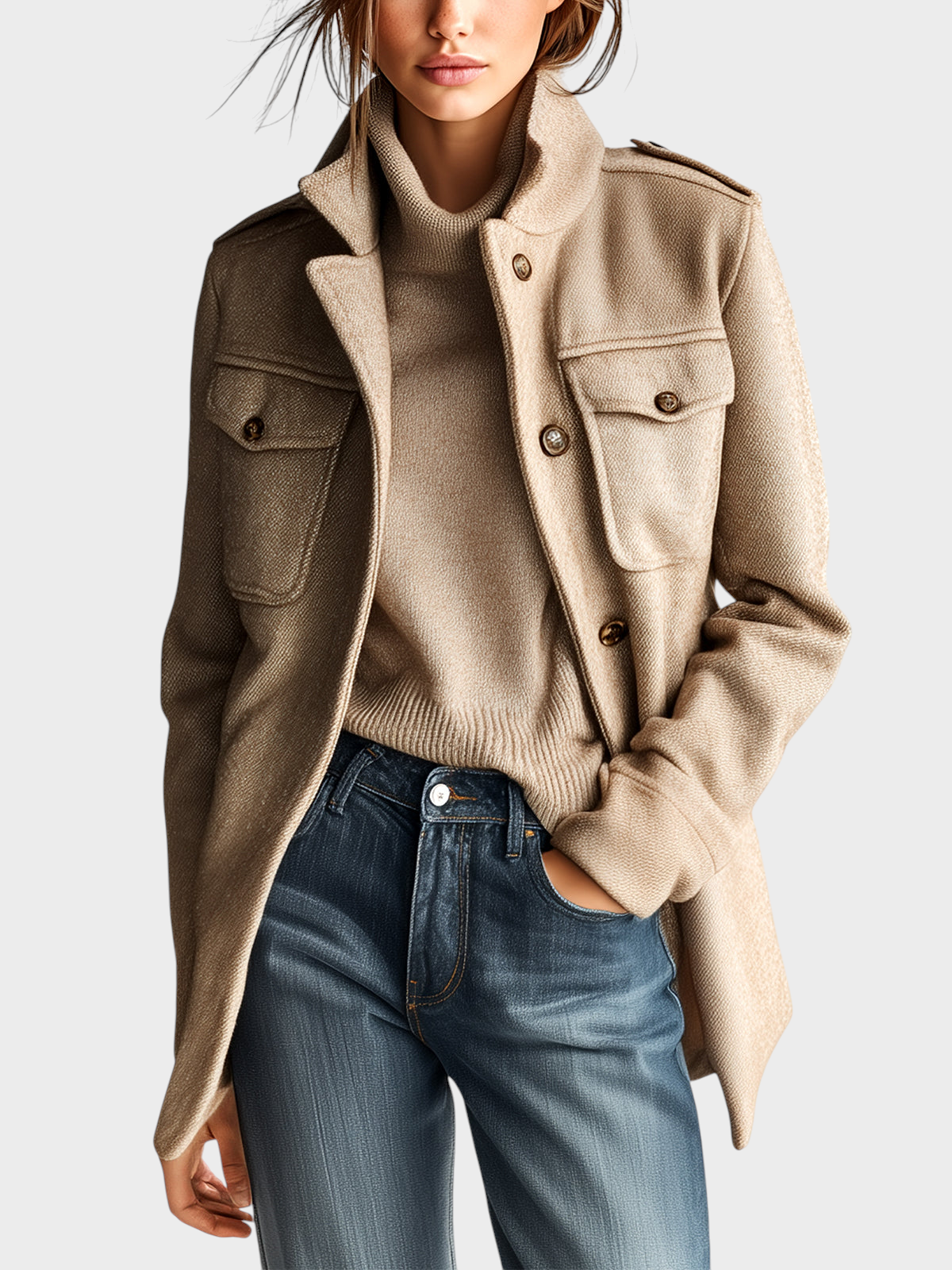 Eleven Ora – Kamelfarbene Wolljacke für Damen mit Stehkragen