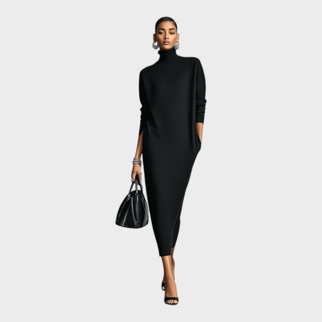 Caitlin – Schwarzes Strickkleid mit Rollkragen und lockerer Passform – Ansicht 2