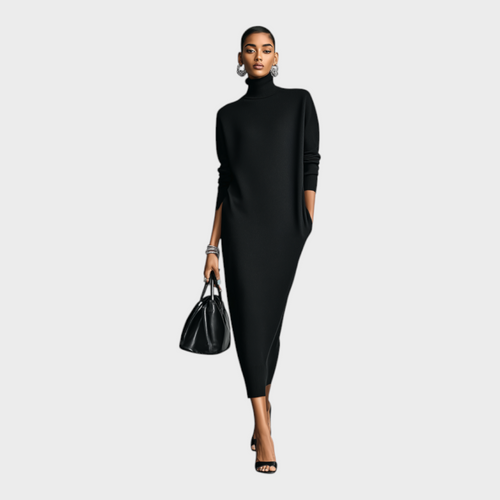 Caitlin | Elegantes schwarzes Strickkleid für Damen mit Rollkragen, langen Ärmeln und lockerer Passform