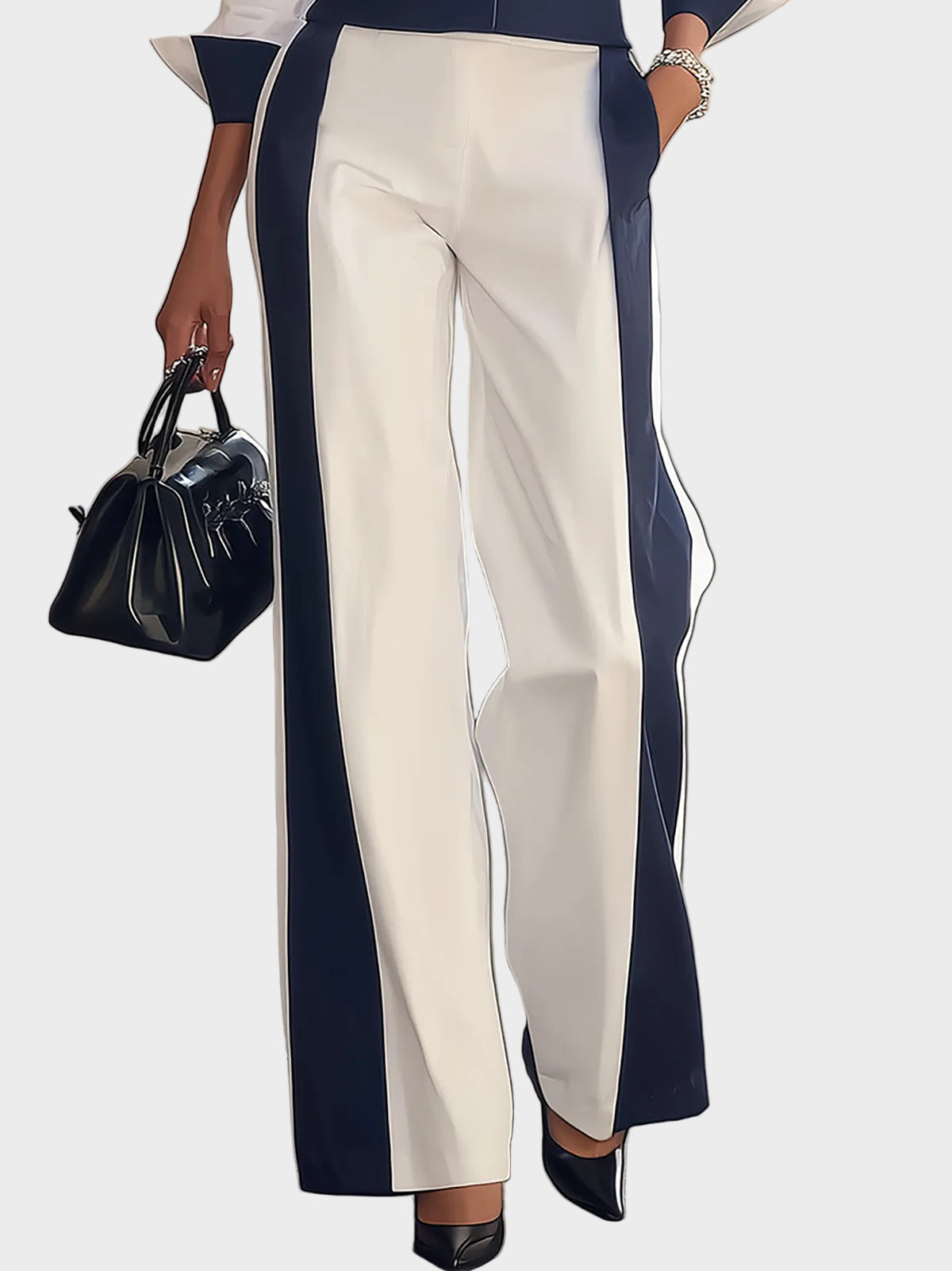Arla – Damen-Set mit weiß-marineblauem Hemd und weit geschnittener Hose – Ansicht 5