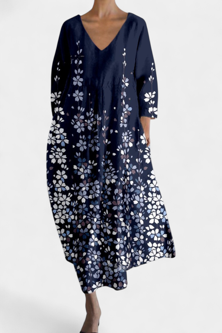 Anne – Langes mehrfarbiges Kleid für Damen mit V-Ausschnitt – Ansicht 3