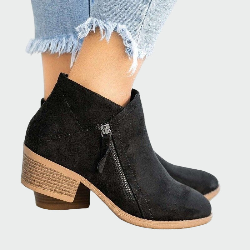 Kamelfarbene Lederstiefeletten für Damen mit Blockabsatz – Ansicht 3