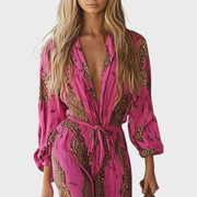 Rot-rosa Damen-Satin-Jumpsuit Camryn mit Leopardenmuster – Ansicht 2