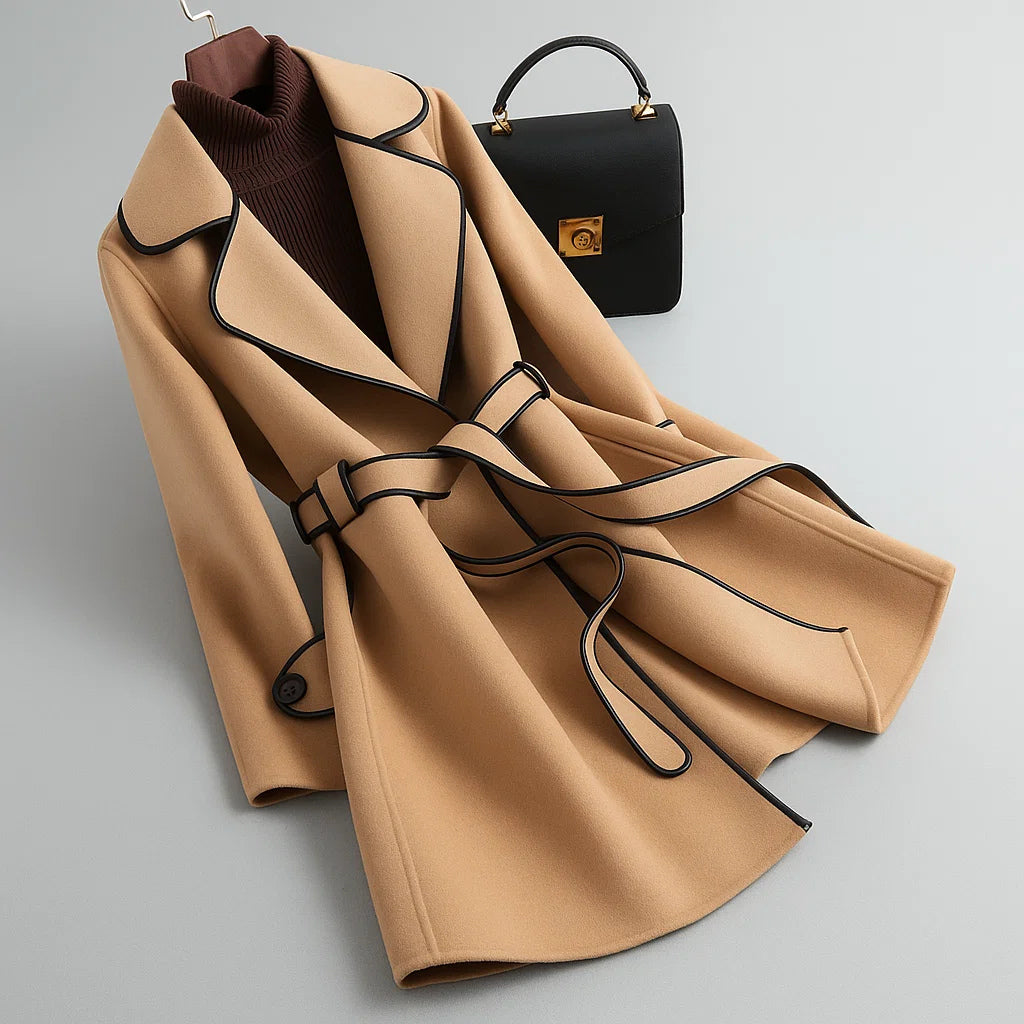Marlise – Lehmfarbener Woll-Trenchcoat für Damen mit Gürtel – Ansicht 4