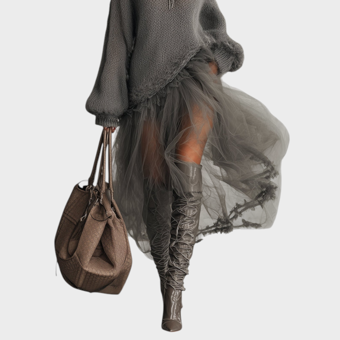 Susette – Graues Maxikleid aus Mohair und Tüll – Ansicht 2