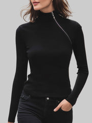 Schwarze asymmetrische Strickbluse für Damen mit Reißverschluss und Stehkragen