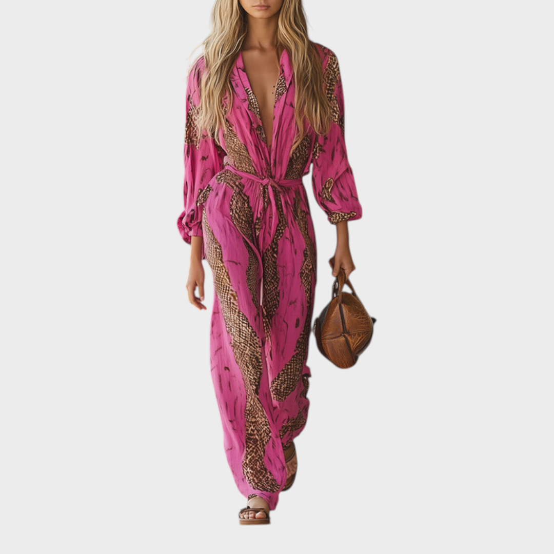 Rot-rosa Damen-Satin-Jumpsuit Camryn mit Leopardenmuster