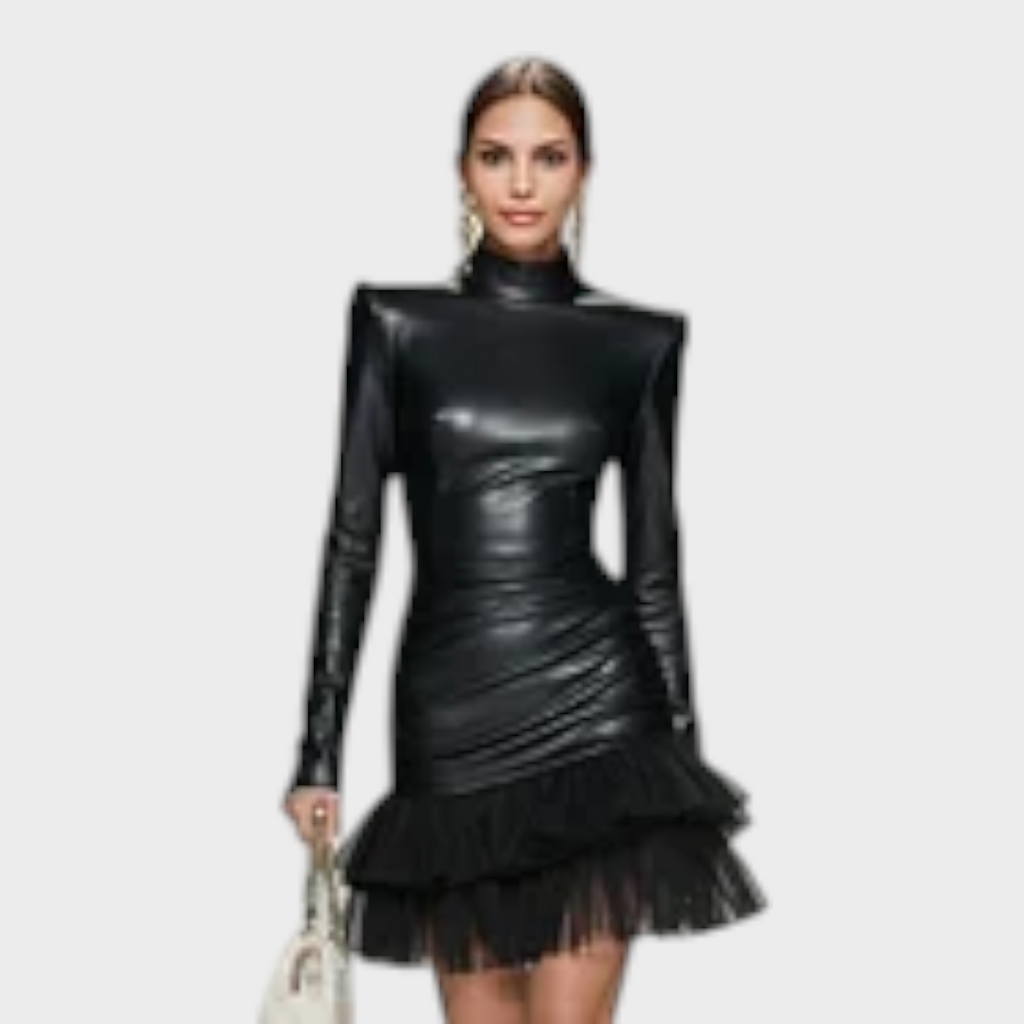 Pixie | Schwarzes Minikleid für Damen aus Kunstleder mit Stehkragen, Tüllbesatz und langen Ärmeln
