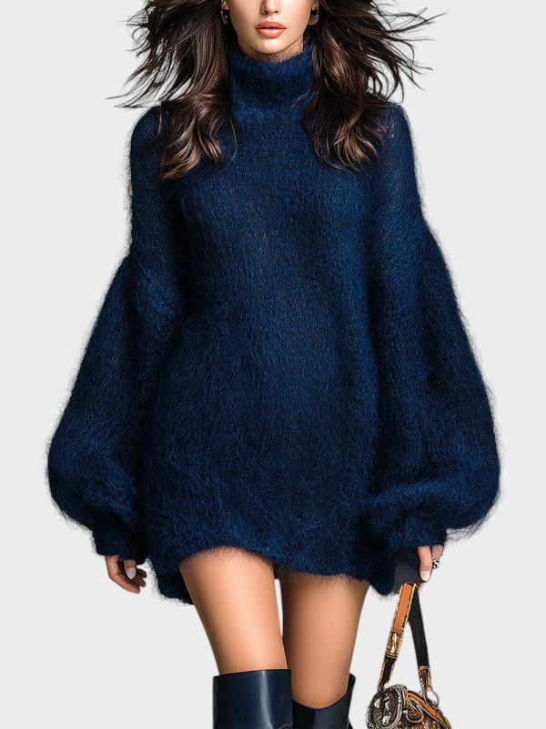 Franziska – Marineblaues Strick-Minikleid aus Mohair mit Stehkragen