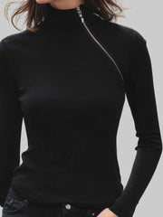 Schwarze asymmetrische Strickbluse für Damen mit Reißverschluss und Stehkragen – Ansicht 3