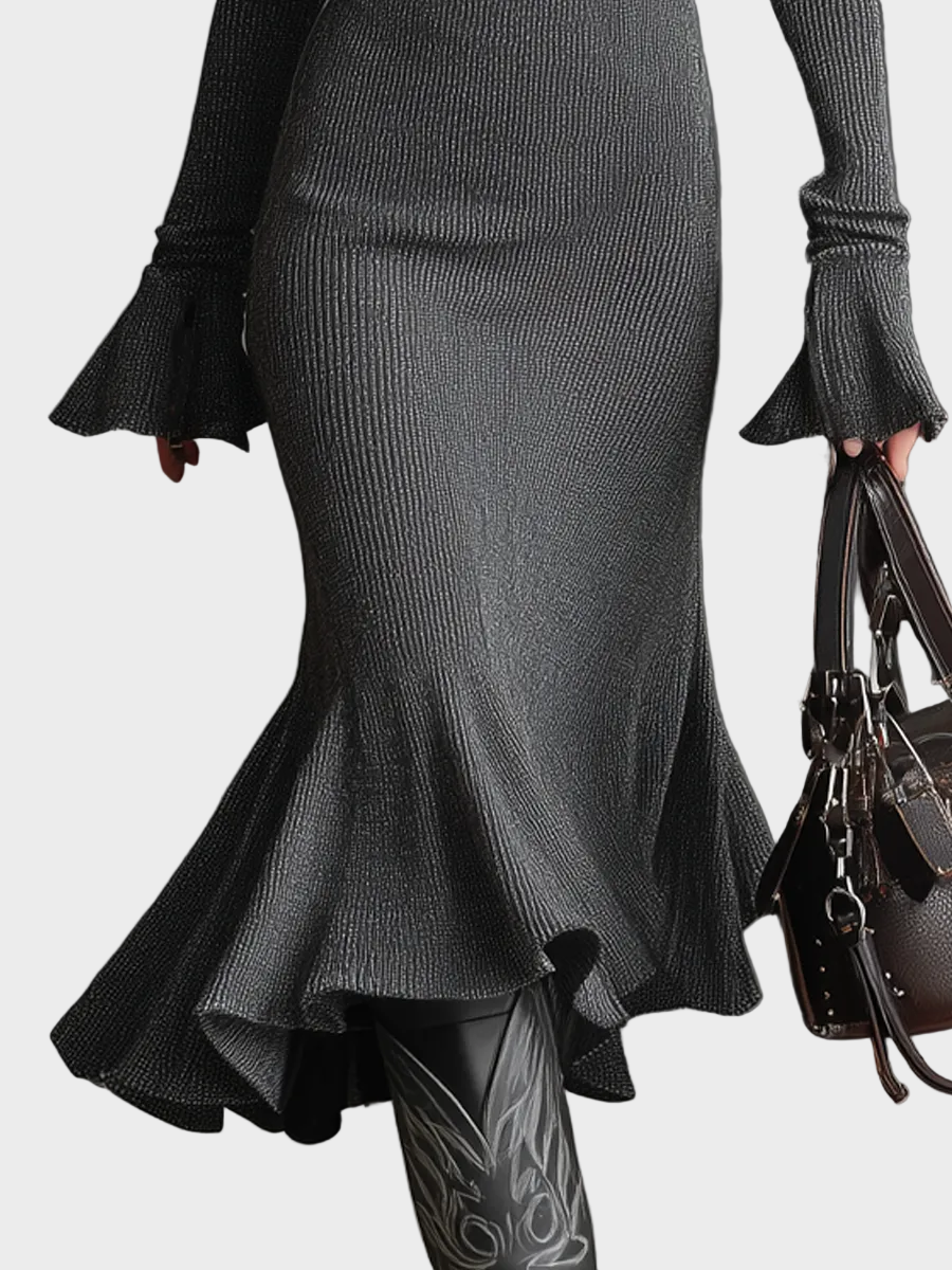 Velora – Retro-Strickkleid in Midi-Länge mit Reißverschlusskragen und Glockenärmeln – Ansicht 8