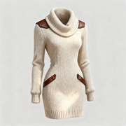 Saline – Cremefarbenes Strickkleid mit Rollkragen und Lederdetails