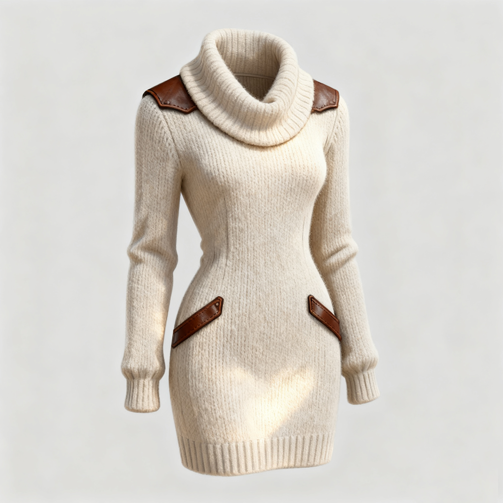 Saline – Cremefarbenes Strickkleid mit Rollkragen und Lederdetails