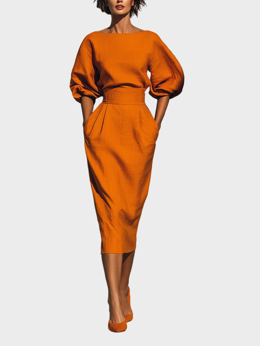 Bianca – Damen-Set mit orangefarbener Bluse und Midirock