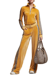 Coleen – Retro-Set für Damen mit gelbem Samt-Sweatshirt mit Leopardendetails und Hose