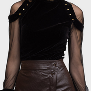 Angely – Schwarze Samtbluse für Damen mit Netz- und Golddetails – Ansicht 4