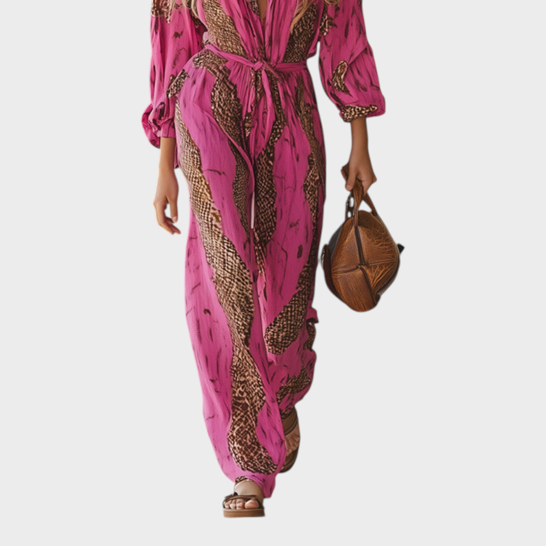 Rot-rosa Damen-Satin-Jumpsuit Camryn mit Leopardenmuster – Ansicht 3