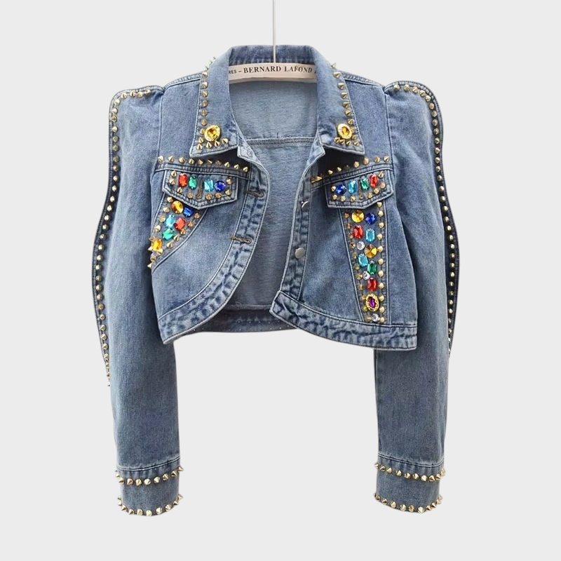 Alison – Kurze Jeansjacke für Damen mit 3D-Steindetails