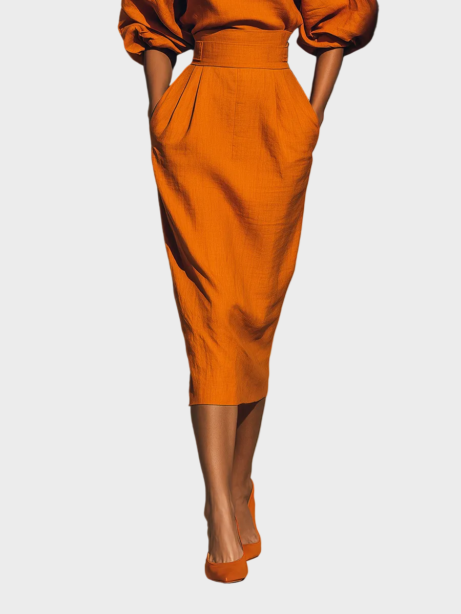 Bianca – Damen-Set mit orangefarbener Bluse und Midirock – Ansicht 3