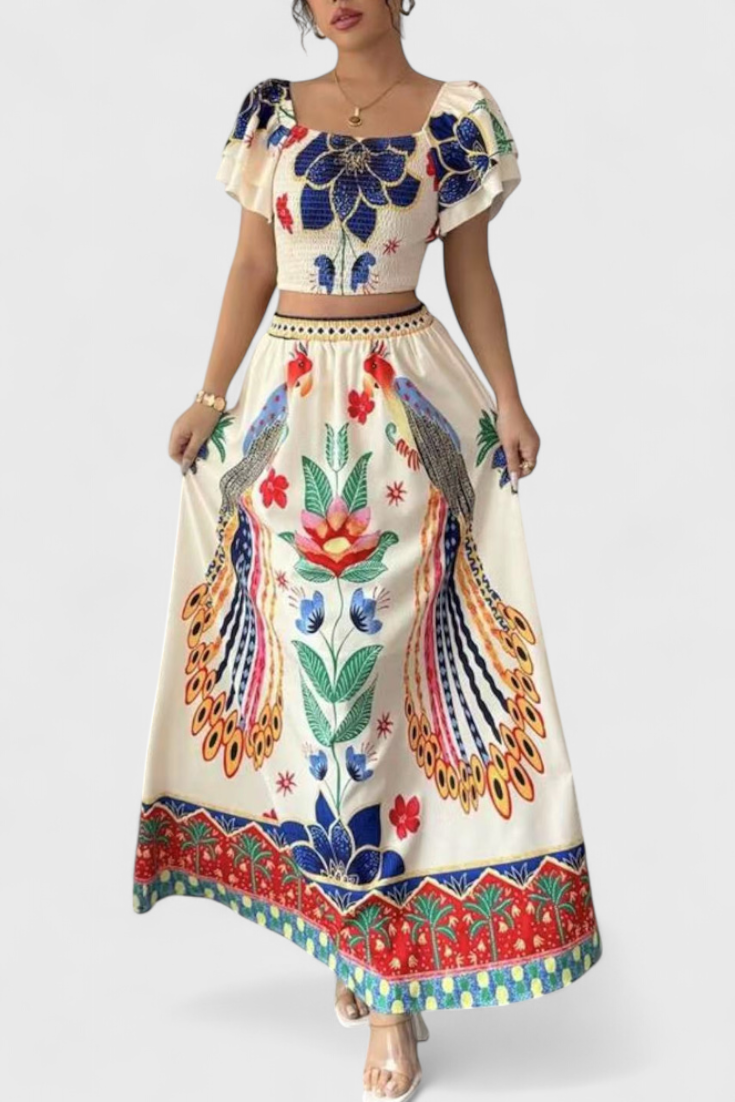 Boho-Damen-Set Itzel mit Crop-Top und Rock im Ethno-Print