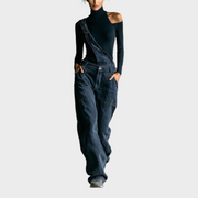 Megan – Damen-Set mit schwarzem One-Shoulder-Top und blaugrauem Jumpsuit