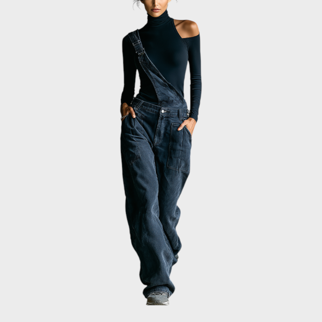 Megan – Damen-Set mit schwarzem One-Shoulder-Top und blaugrauem Jumpsuit
