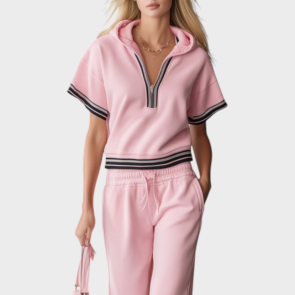 Zahra | Elegantes Sport-Set: Rosa Kurzarm-Top mit Kapuze und Frontreißverschluss