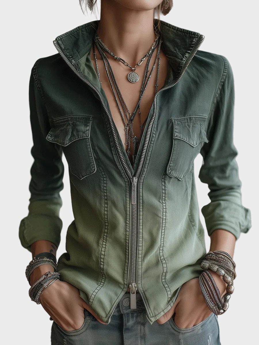 Zulu – Grüne Damen-Jeansbluse mit Reißverschluss und Taschen