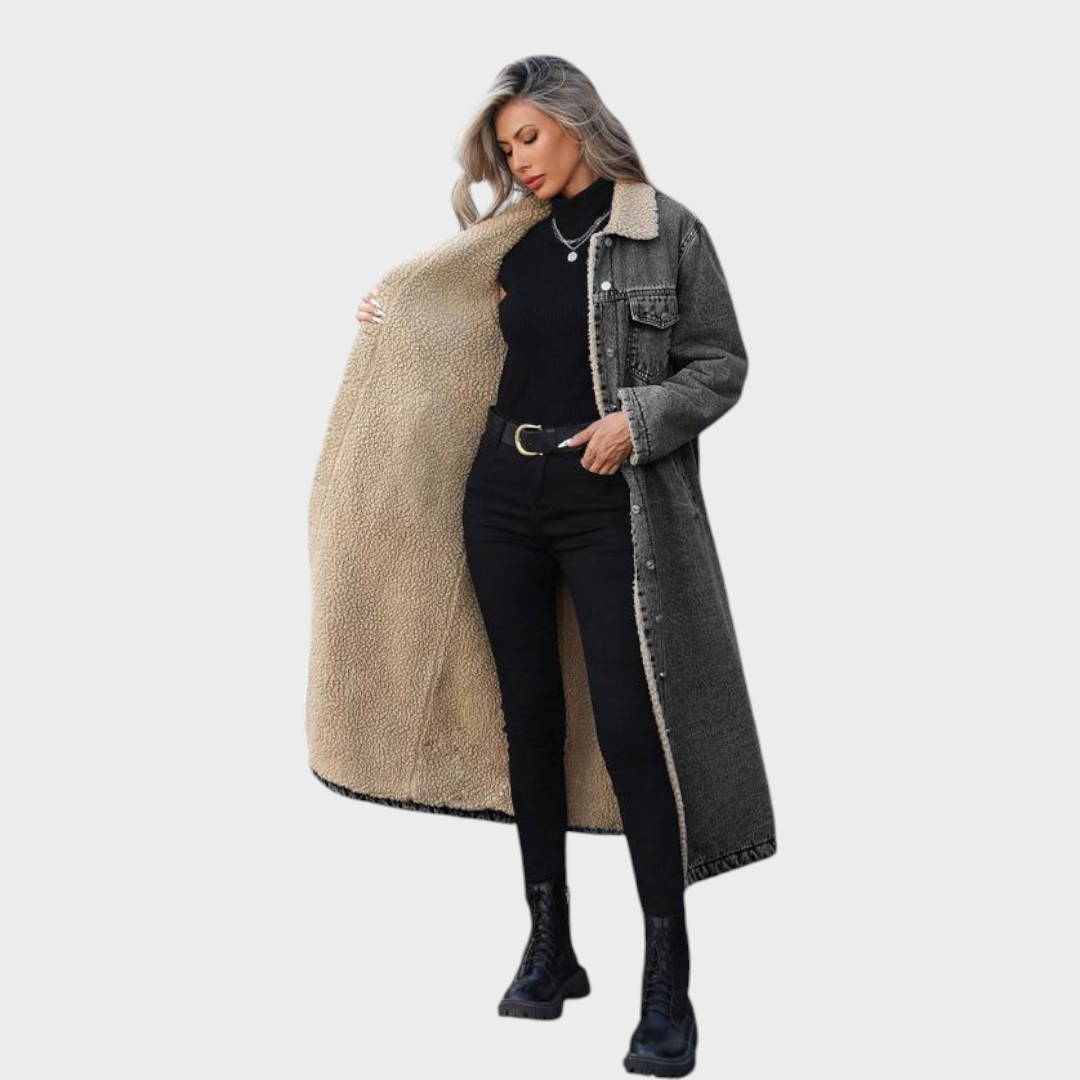 Yaritza – Langer Cardigan für Damen mit Fleecefutter und Ein-Knopf-Verschluss – Ansicht 2